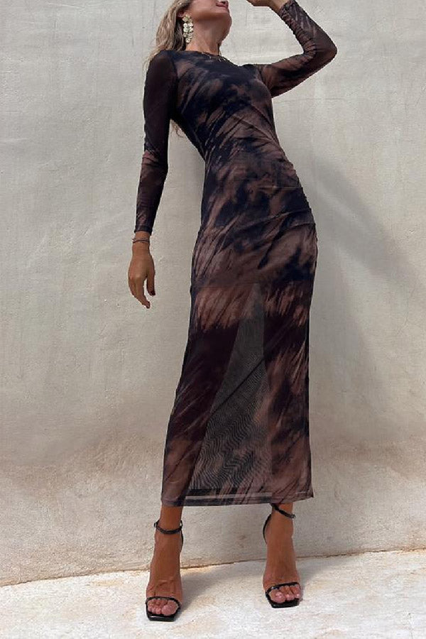 MW | Charm Lady Mesh Overlay Tie Dye Print Langarm geraffte Stretch Midi Kleid