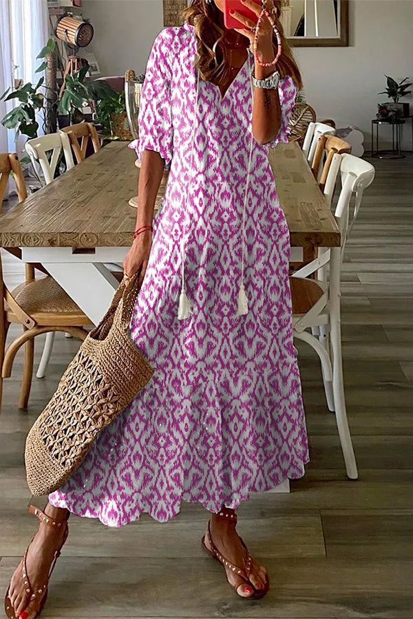 MW | Geometrischer Druck Lässiges V-Ausschnitt Maxikleid