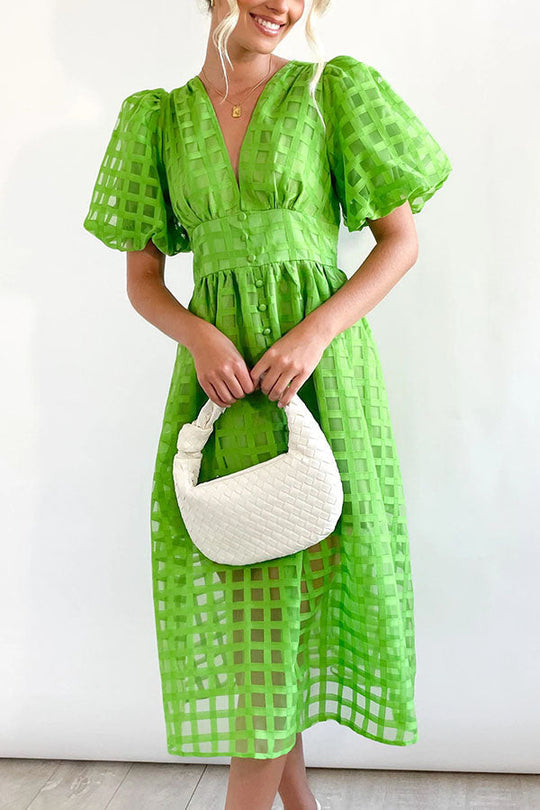 MW | Remarkable Beauty Quadratisch Gemusterter Stoff Puffärmel Party Midi Kleid
