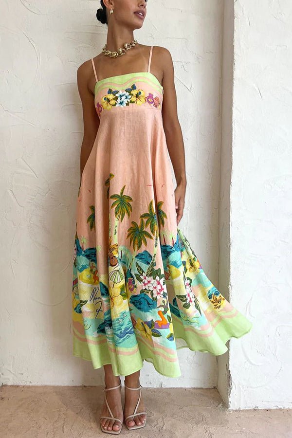MW | Coconut Scenery Leinenmischung Tropical Print Smocked Back Midi Kleid