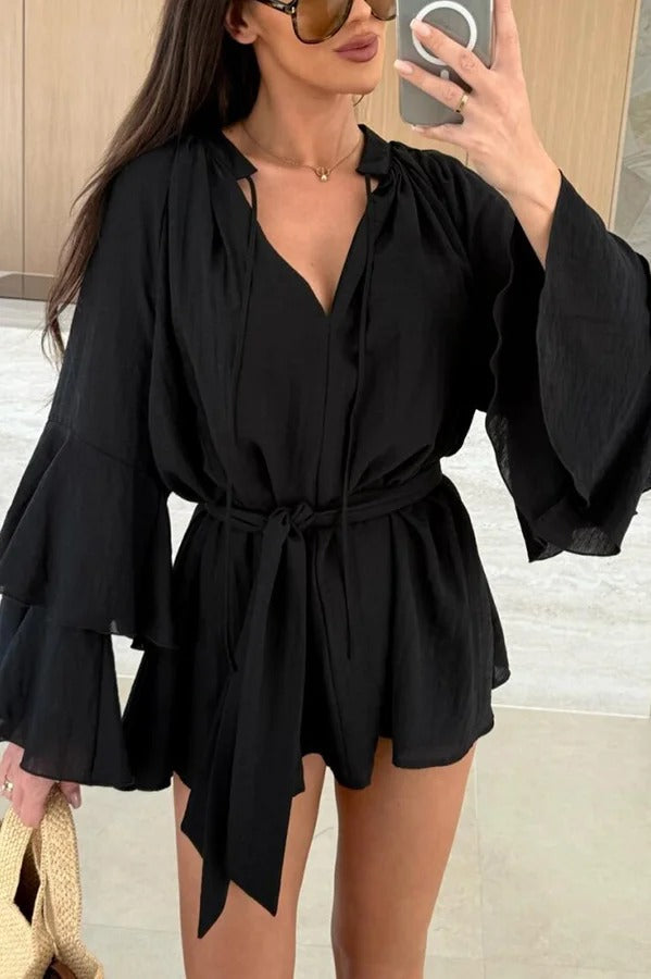 MW | Molly Leinenmischung Tiered Bell Sleeve Tie-up Cover-up Minikleid