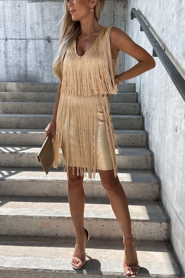 MW | Ärmelloses Minikleid mit V-Ausschnitt und Quasten