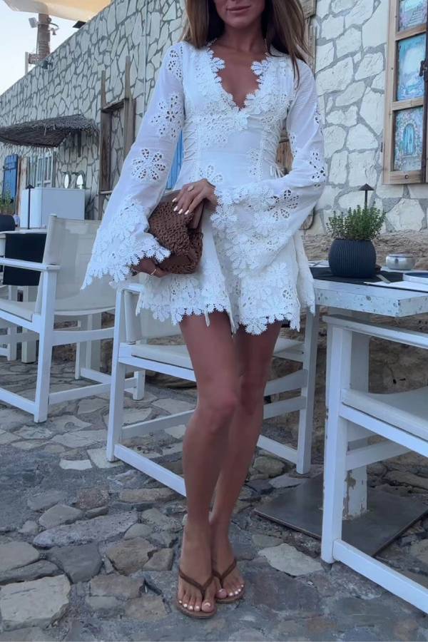 MW | Diaz Stickerei Hohle Stoff Zarte Blume Trim Lange Ärmel Seite Lace-up Mini Kleid