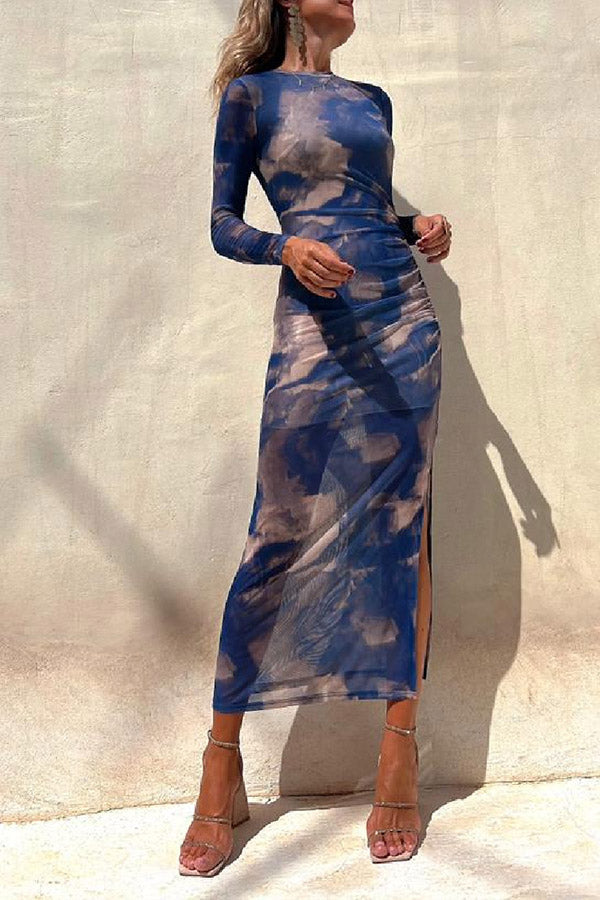 MW | Charm Lady Mesh Overlay Tie Dye Print Langarm geraffte Stretch Midi Kleid