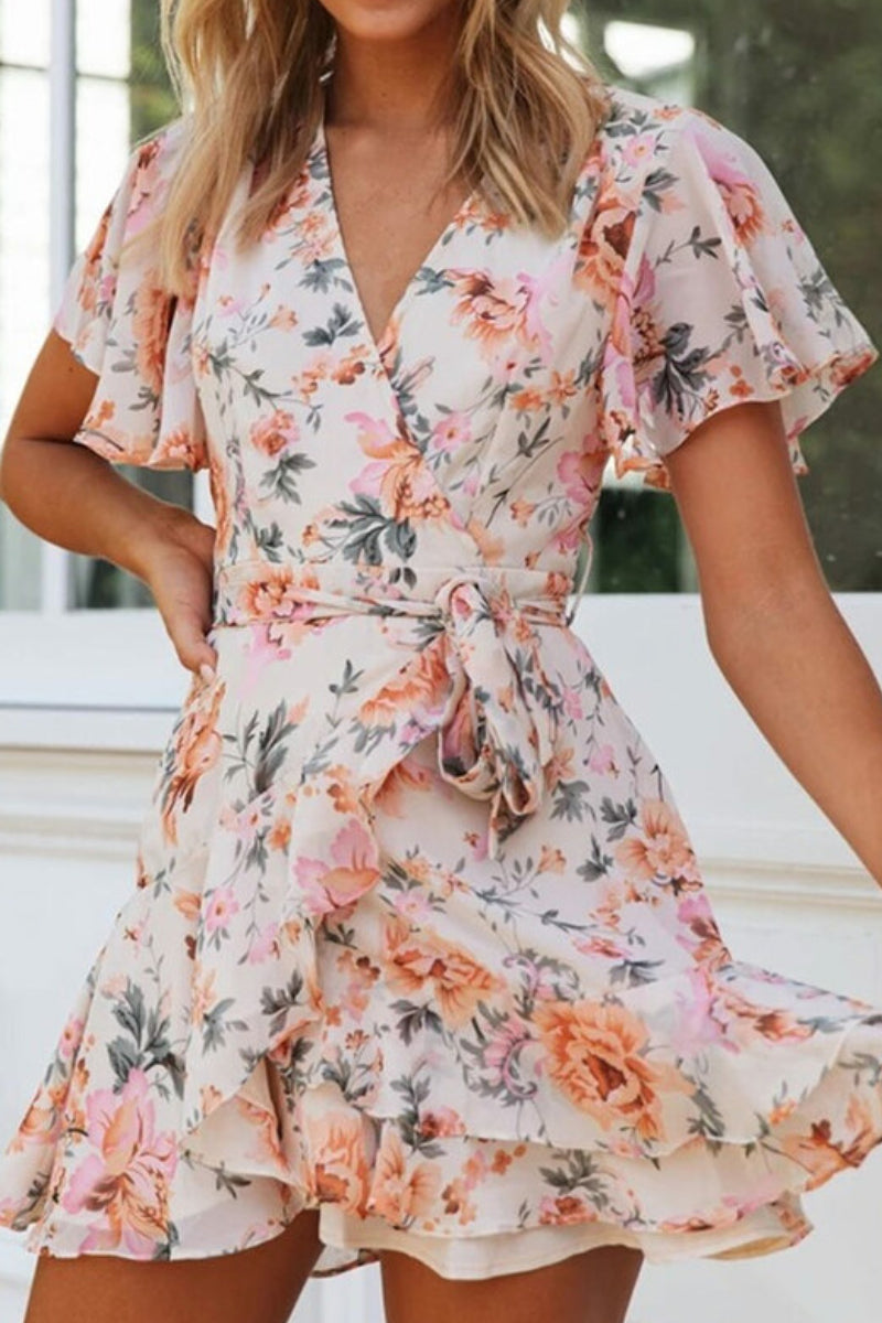 MW | Swingy Ruffle Sleeve Floral Printed Beach Mini Wrap Dress