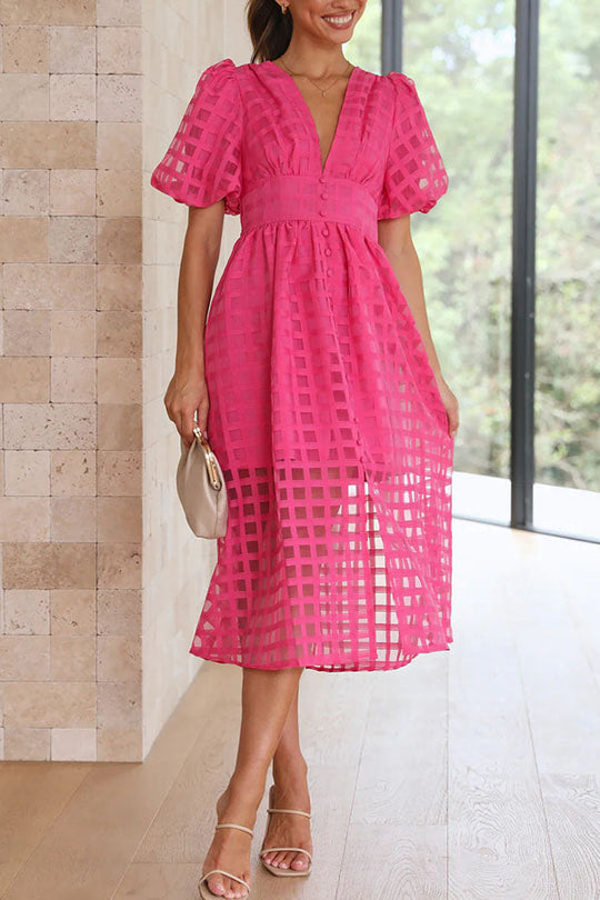 MW | Remarkable Beauty Quadratisch Gemusterter Stoff Puffärmel Party Midi Kleid