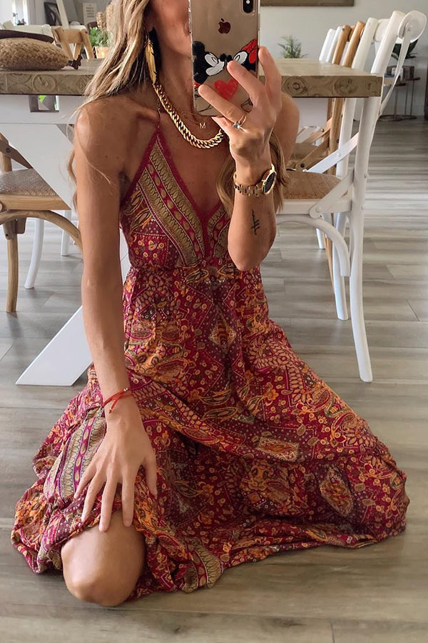 MW | Celeste Boho bedruckte Riemen Maxikleider mit elastischer Taille