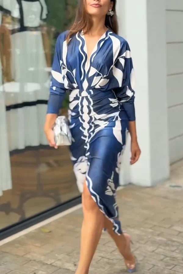 MW | Caliana Einzigartiger Druck Dolman Langarm geraffte Schlitz Midi-Kleid