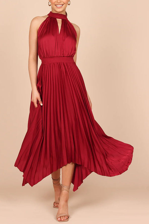 MW | Luxe Look Satin Plissee Halter Elastische Taille Midikleid