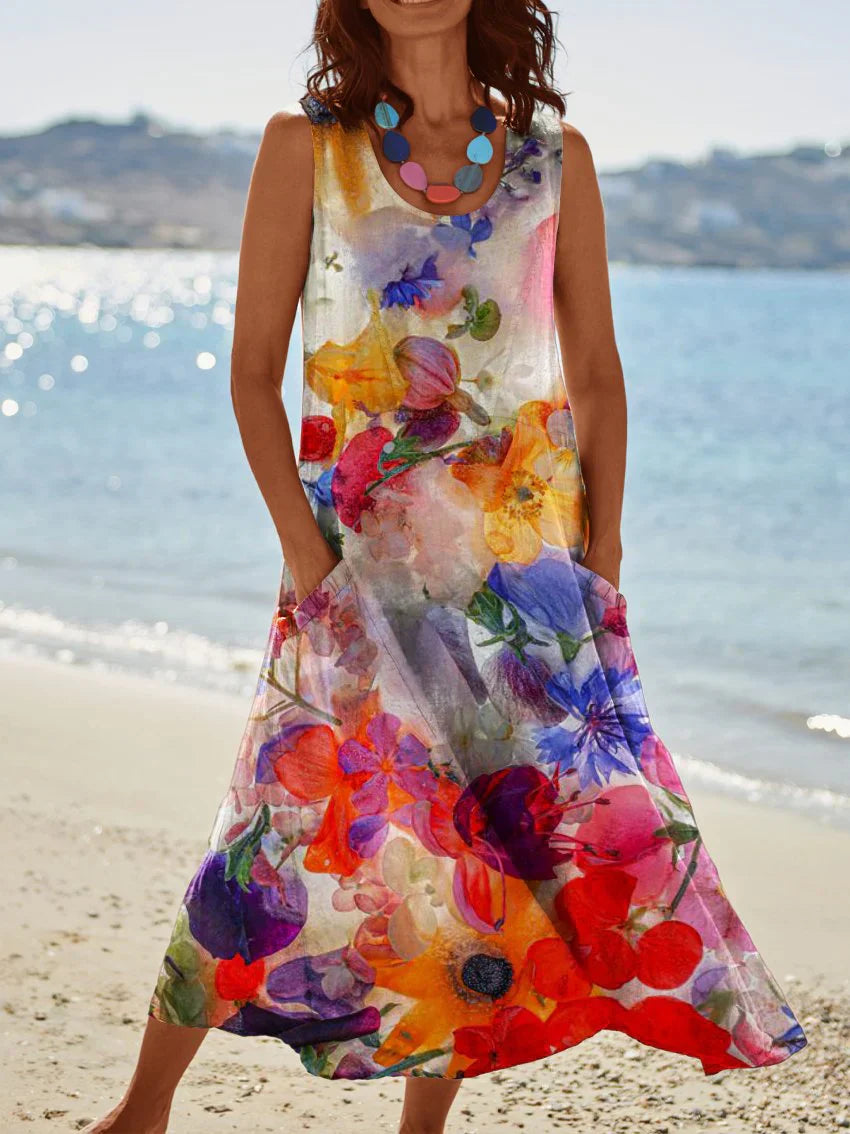 MW | Leinenkleid mit Taschen und Frühlingsprint