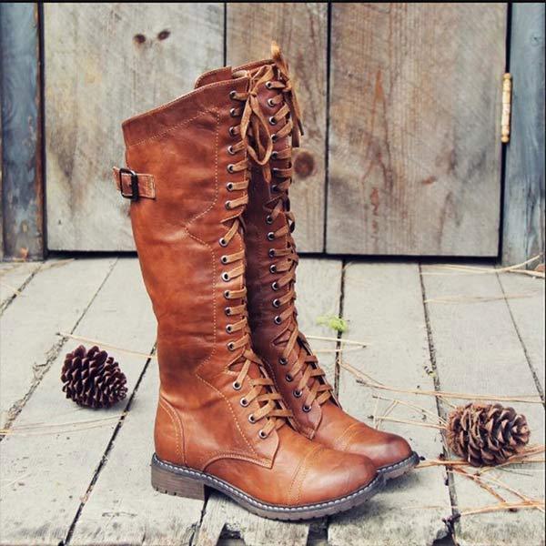 EM | Vintage-Kniehohe Schnürstiefel