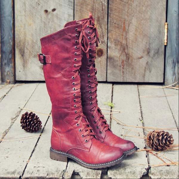 EM | Vintage-Kniehohe Schnürstiefel