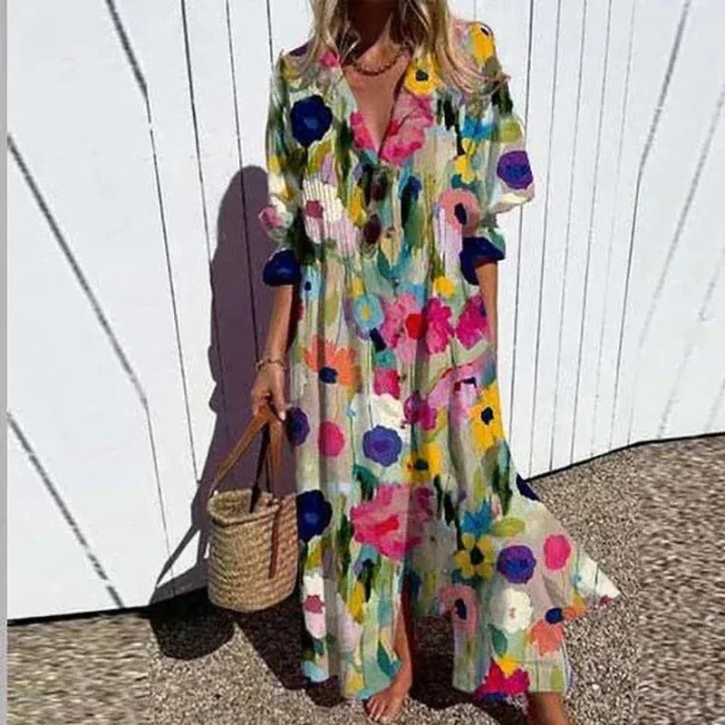 EM | 3/4-Ärmel-Maxikleid mit V-Ausschnitt
