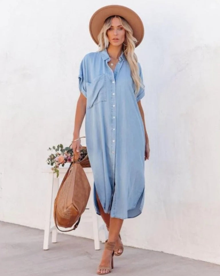 MW | Women's Short-Sleeve Denim Shirt Dress