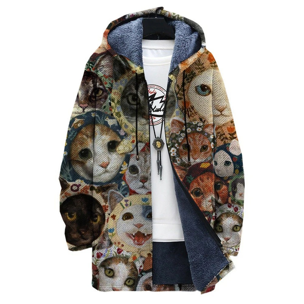 EM | Fleece-gefütterte Kapuzenjacke mit künstlerischem Katzendruck