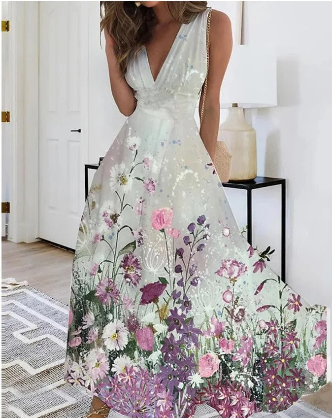EM | V-Ausschnitt ärmelloses Maxikleid