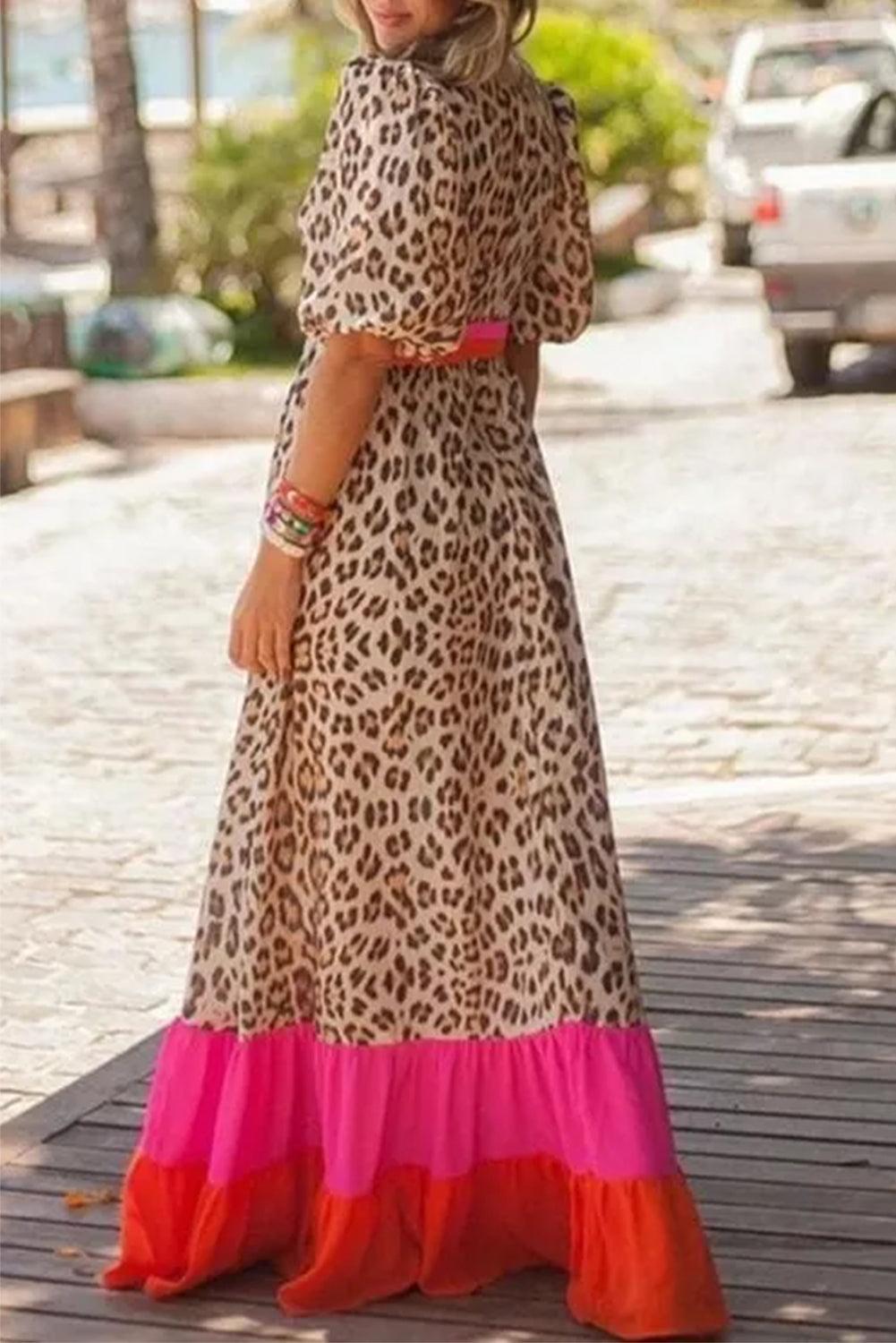 MW | Maxikleid mit Leopardenmuster und Puffärmeln für Frauen