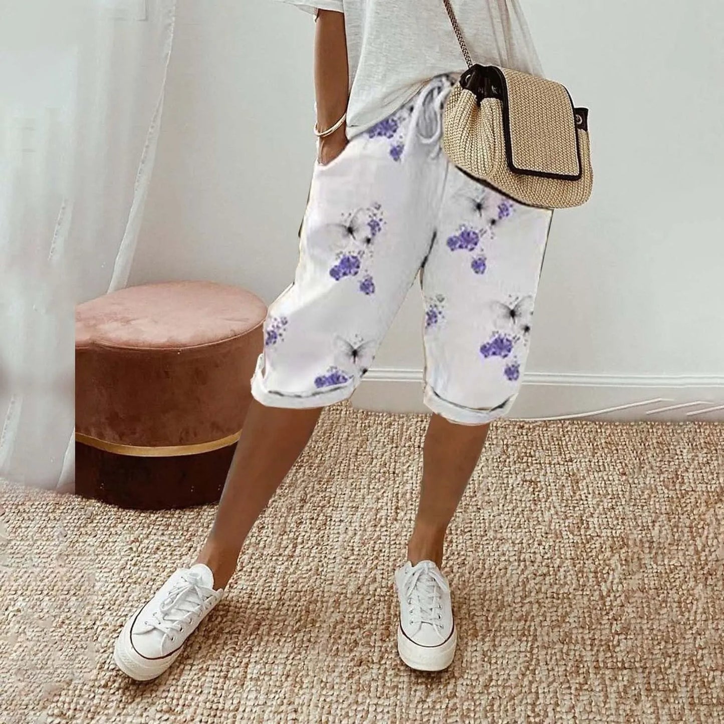 EM | Bermudashorts mit Blumendruck und Kordelzug