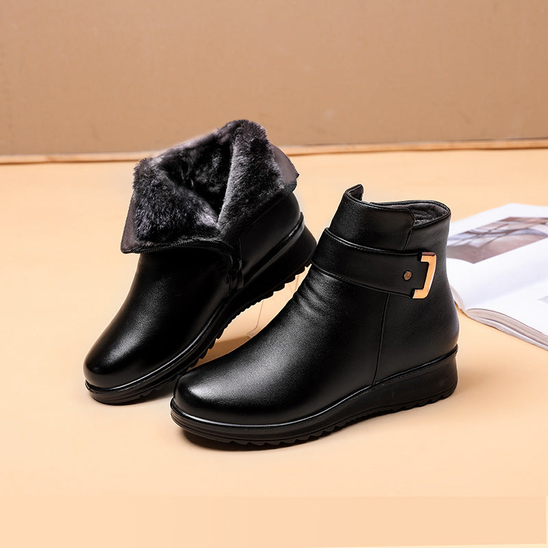MW Genuine Leather Metal Buckle Velvet Boots