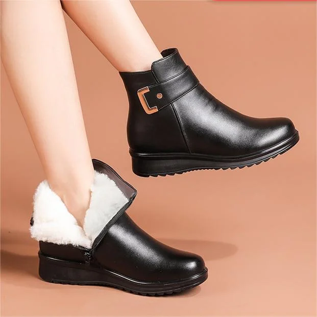 MW Genuine Leather Metal Buckle Velvet Boots
