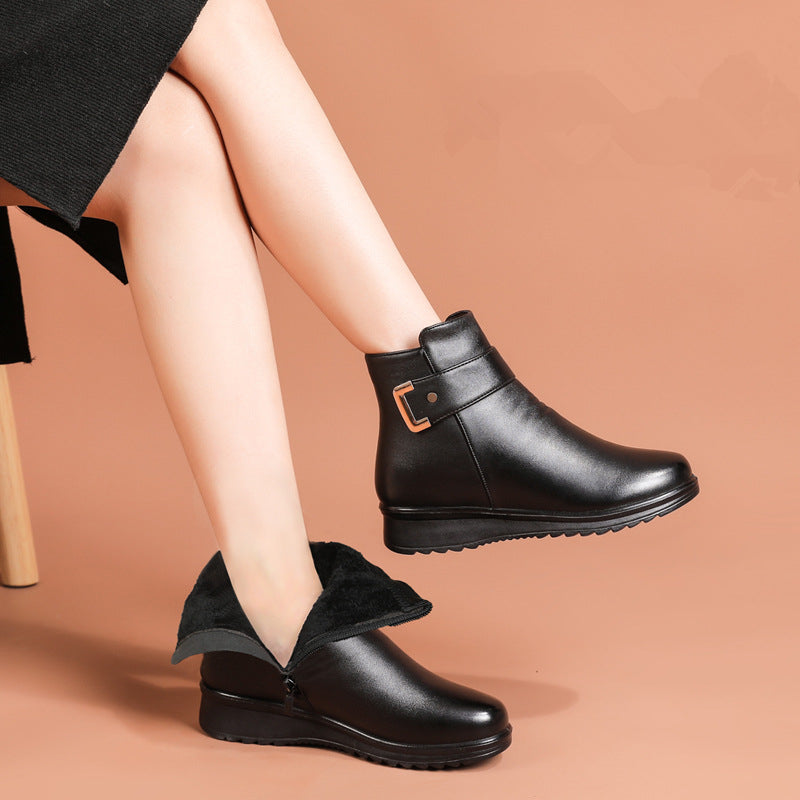 MW Genuine Leather Metal Buckle Velvet Boots