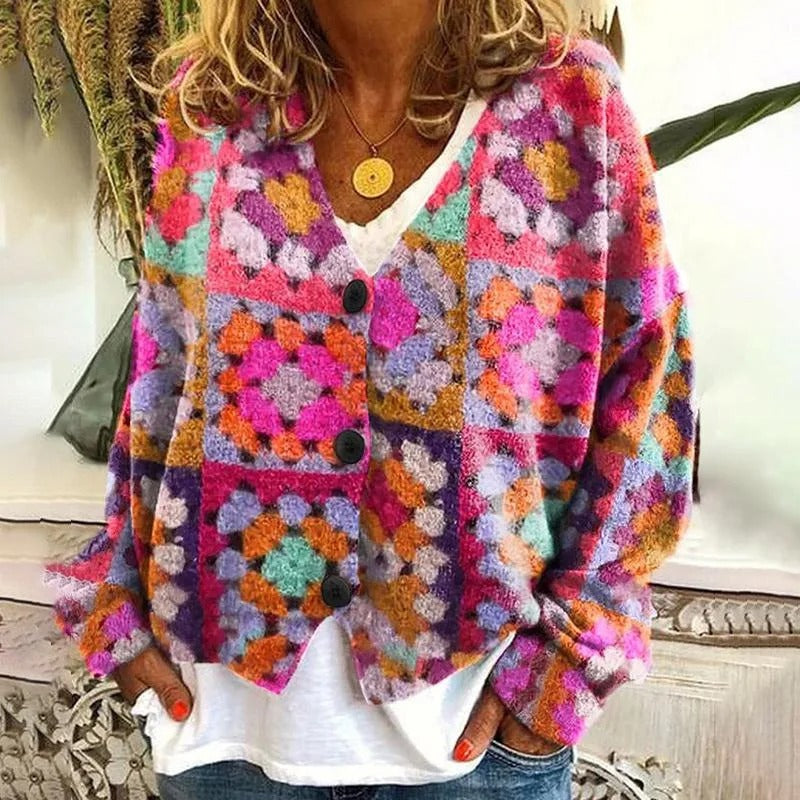 EM | Boho Patchwork Strickjacke mit Blumen