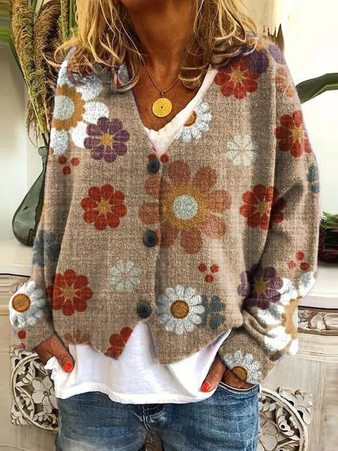 EM | Boho Patchwork Strickjacke mit Blumen