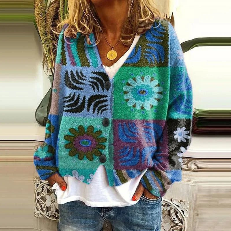 EM | Boho Patchwork Strickjacke mit Blumen