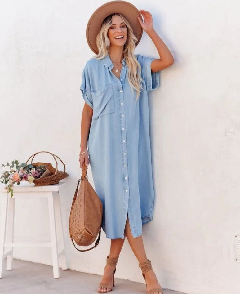 MW | Women's Short-Sleeve Denim Shirt Dress