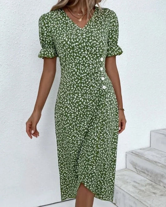 EM | Geblümtes Midikleid mit Wickel und Volantärmeln