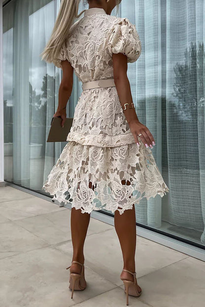 MW | Absolut Elegant Floral Crochet Lace Puff Sleeve Belted Shirt Midi Dress