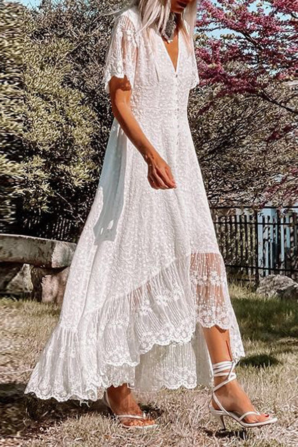 MW | V-Ausschnitt Schlankes Kleid Florale Spitze Midikleid
