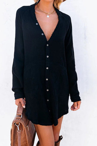 MW | Loose Mid-length Jacket Casual Solid Color Shirt Mini Dress