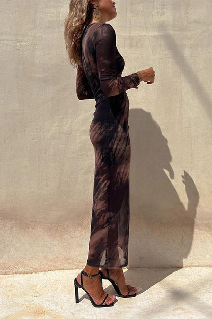 MW | Charm Lady Mesh Overlay Tie Dye Print Langarm geraffte Stretch Midi Kleid