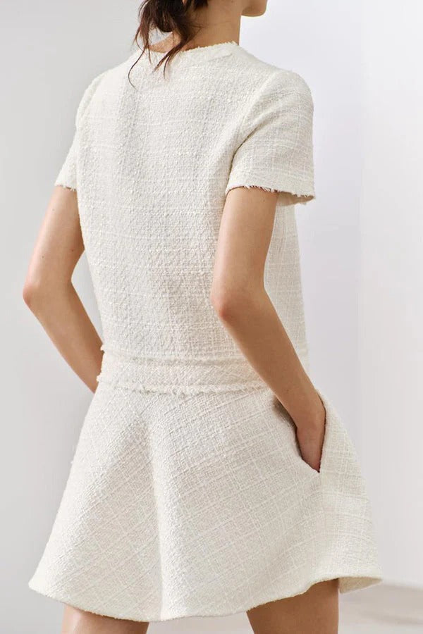 MW | 1960er Jahre London Girl Tweed texturiert Gold Knopf Kurzarm Pocketed Mini Kleid