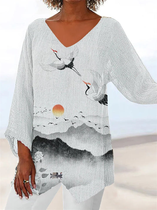 EM | Bedruckte, lockere Bluse mit V-Ausschnitt