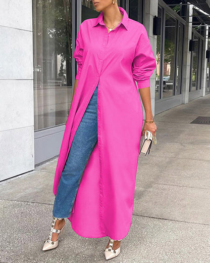 MW | Button Down Maxi Shirts Kleid Langarm Kragen V Hals Kaftan Lose Langes Kleid Mantel