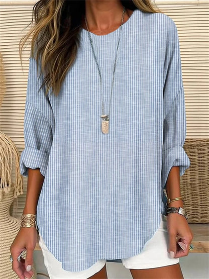 EM | Damen Retro-Gestreiftes Locker Geschnittenes Langarmshirt mit Rundhalsausschnitt