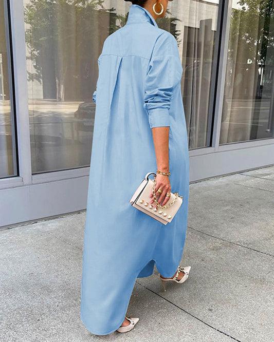 MW | Button Down Maxi Shirts Kleid Langarm Kragen V Hals Kaftan Lose Langes Kleid Mantel
