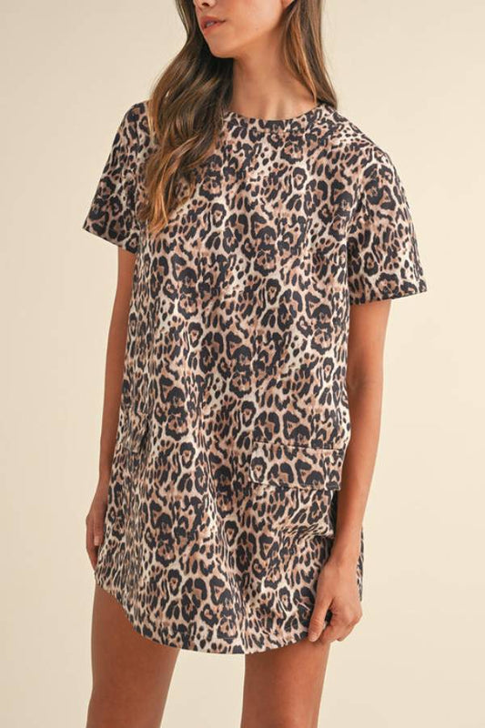 MW | Brown Leopard Print Kurzärmeliges Minikleid mit Tasche