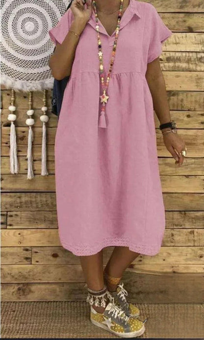 EM | Kurzärmeliges Midikleid aus Baumwolle und Leinen, Übergrößen für Damen