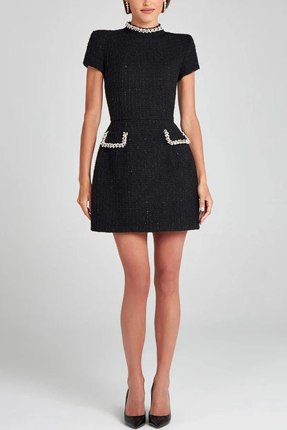 MW | Exquisite und verspielte Tweed Stoff Perlenbesatz kurze Ärmel Pocketed Mini Kleid