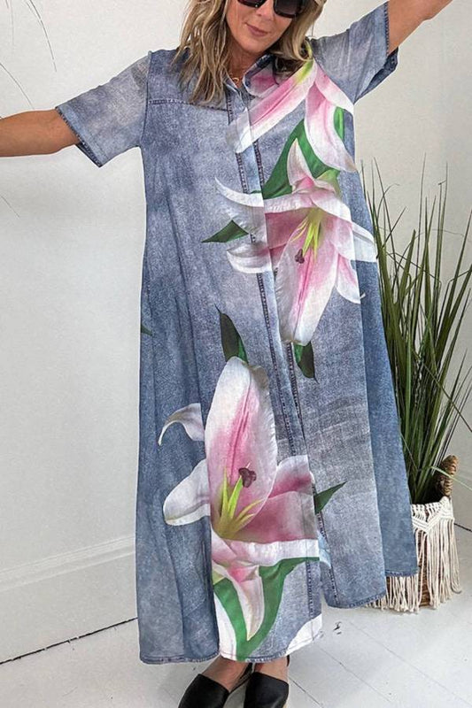 MW | Faux Denim Stoff Orchidee Print Pocketed Shirt Maxikleid