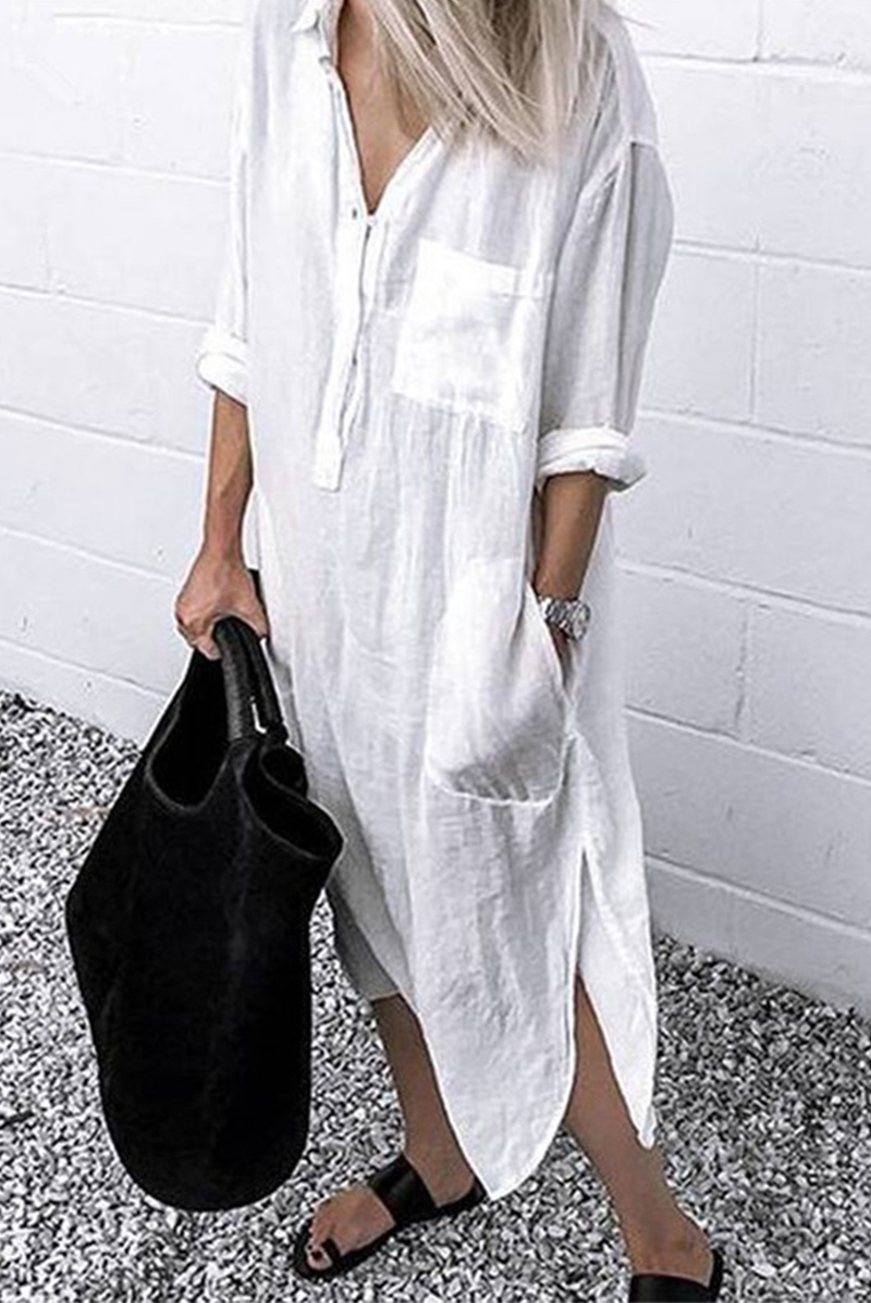 MW | Casual Solid Split Joint Turndown Kragen Shirt Kleid Kleider(6 Farben)