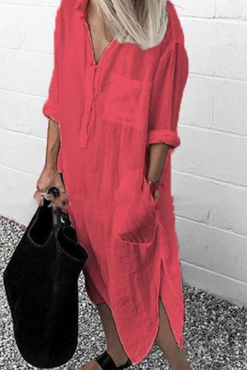 MW | Casual Solid Split Joint Turndown Kragen Shirt Kleid Kleider(6 Farben)