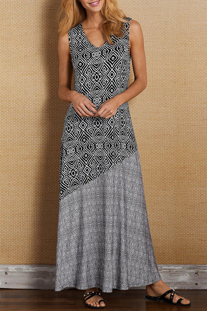 MW | Mode Elegante Print Patchwork V-Ausschnitt eine Linie Kleider (3 Farben)