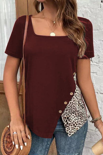 MW | Casual Leopard Patchwork Knöpfe Quadrat Kragen T-Shirts