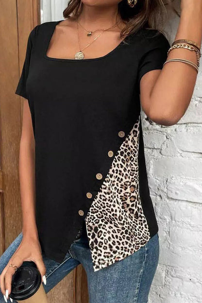 MW | Casual Leopard Patchwork Knöpfe Quadrat Kragen T-Shirts