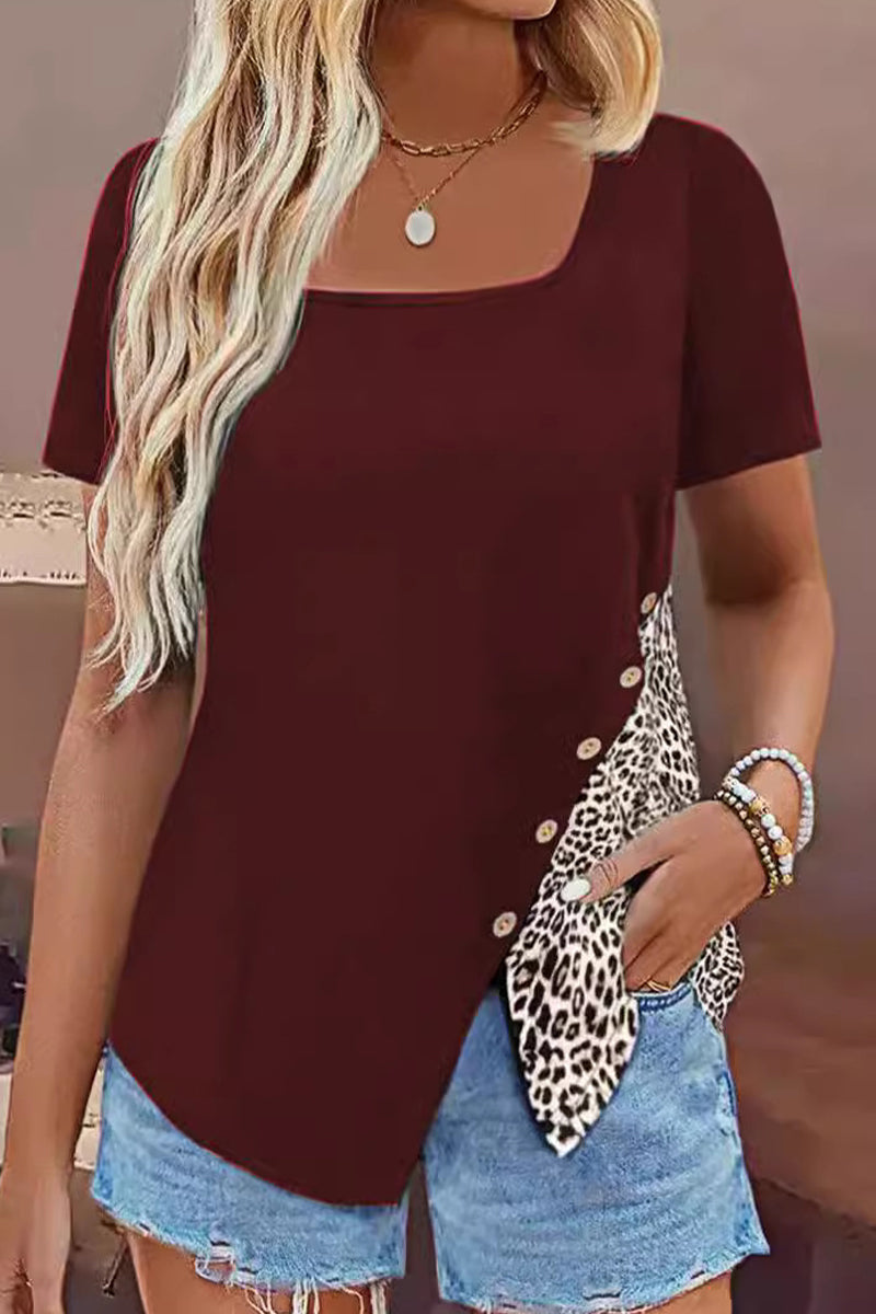 MW | Casual Leopard Patchwork Knöpfe Quadrat Kragen T-Shirts