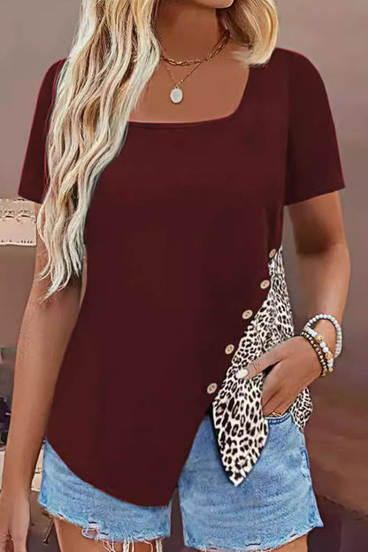 MW | Casual Leopard Patchwork Knöpfe Quadrat Kragen T-Shirts